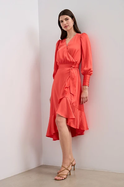 Sateen wrap dress with puffy sleeve