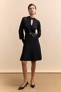 Fit & flare knit dress with crepe sleeve