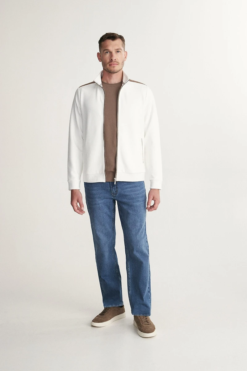 Mock neck zip cardigan with faux suede