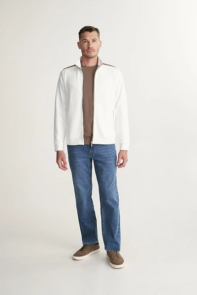 Mock neck zip cardigan with faux suede