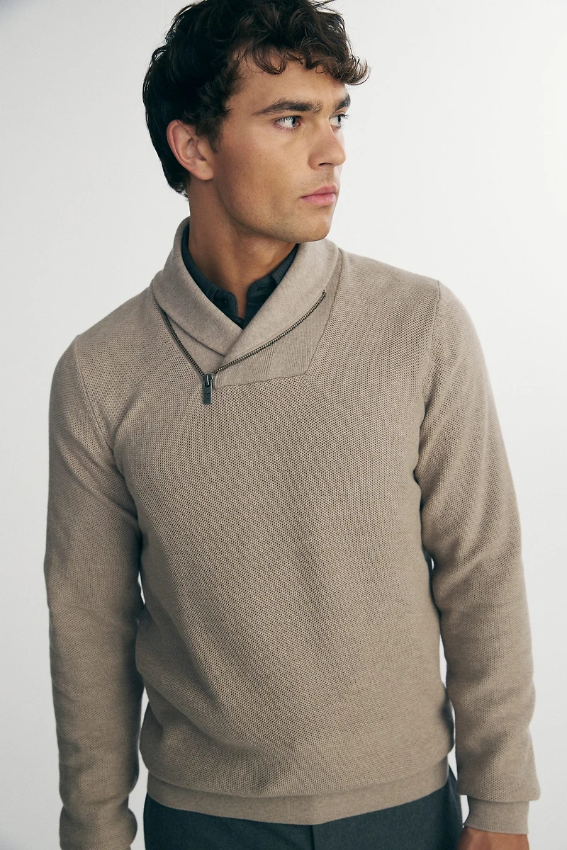 Textured shawl collar sweater