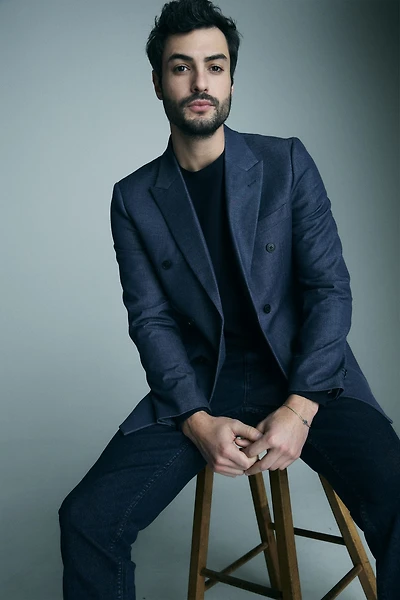 Denim-look double-breasted fitted blazer