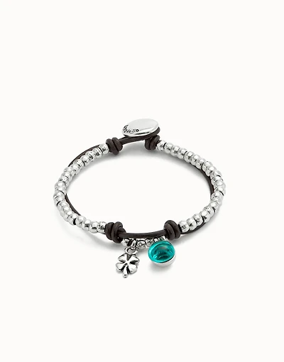 Leather beaded bracelet with green murano glass