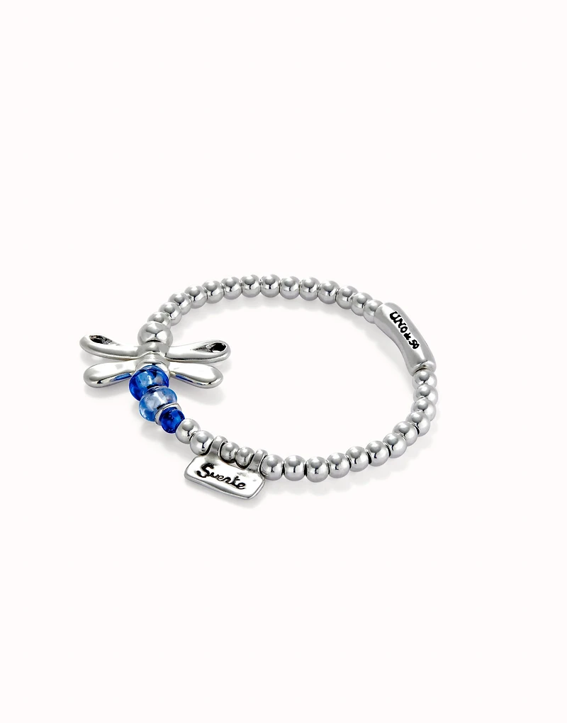 Beaded stretch bracelet with a dragonfly and blue crystal