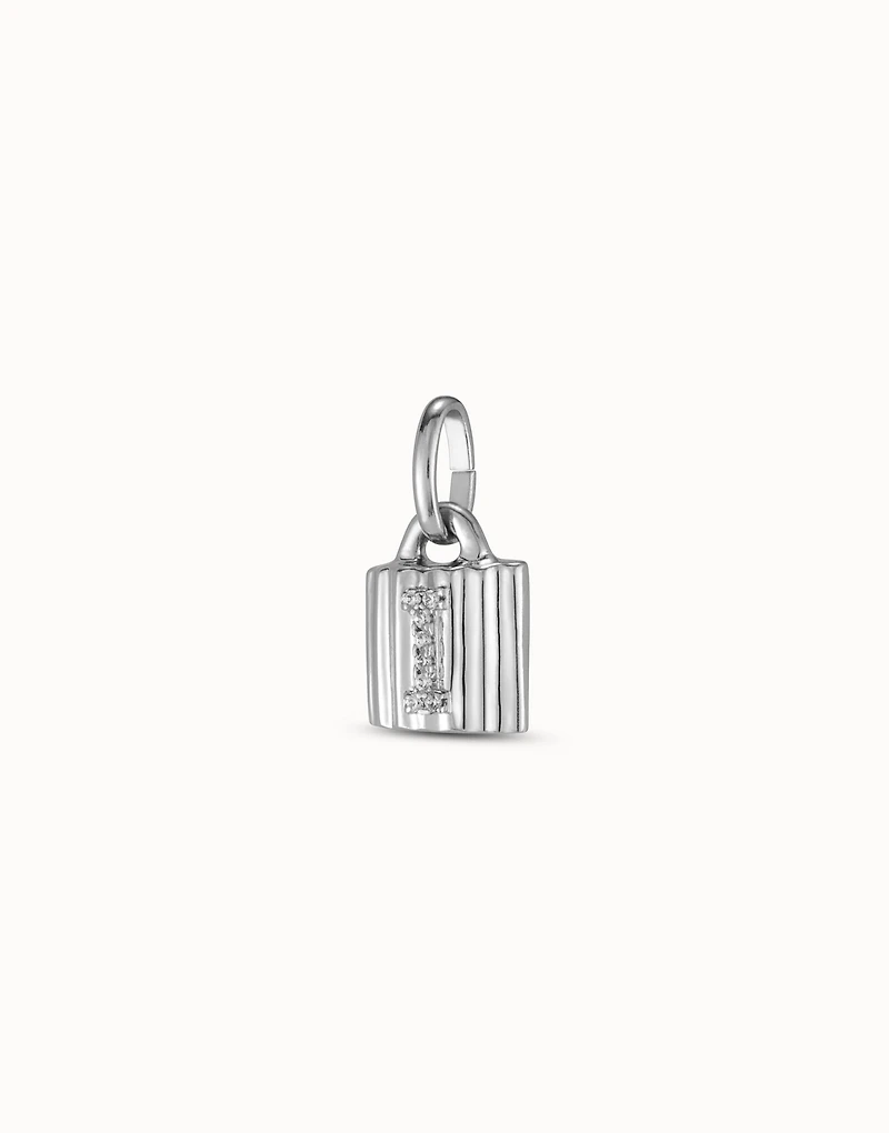 Sterling silver-plated padlock charm with topaz letter I