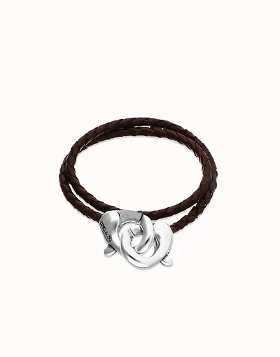 Double brown leather bracelet with interlocking carabiner