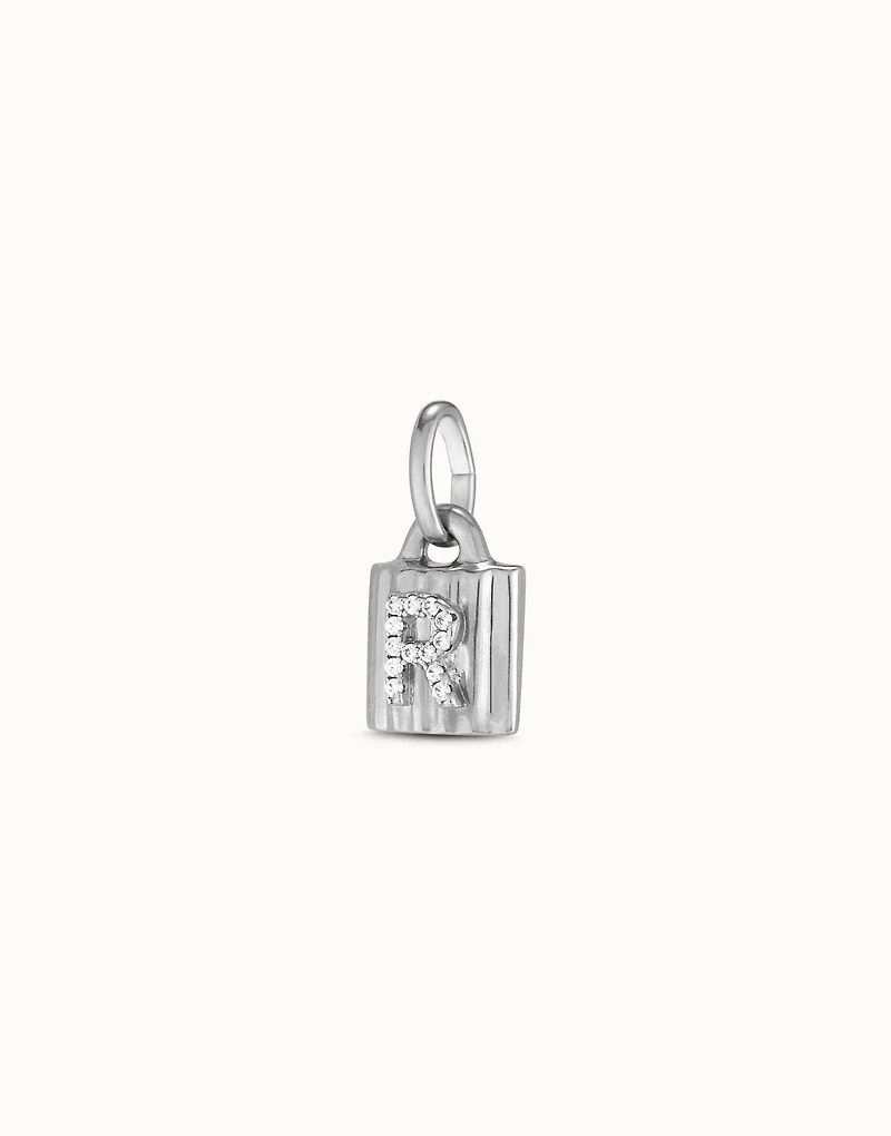 Sterling silver-plated padlock charm with topaz letter R