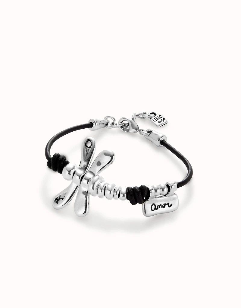 Leather bracelet with sterling silver-plated dragonfly