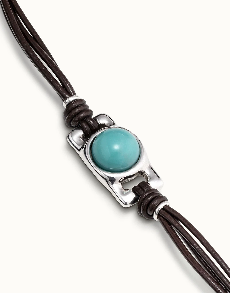 Brown leather bracelet with rectangular blue bead