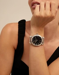 Silver plated watch with black dial