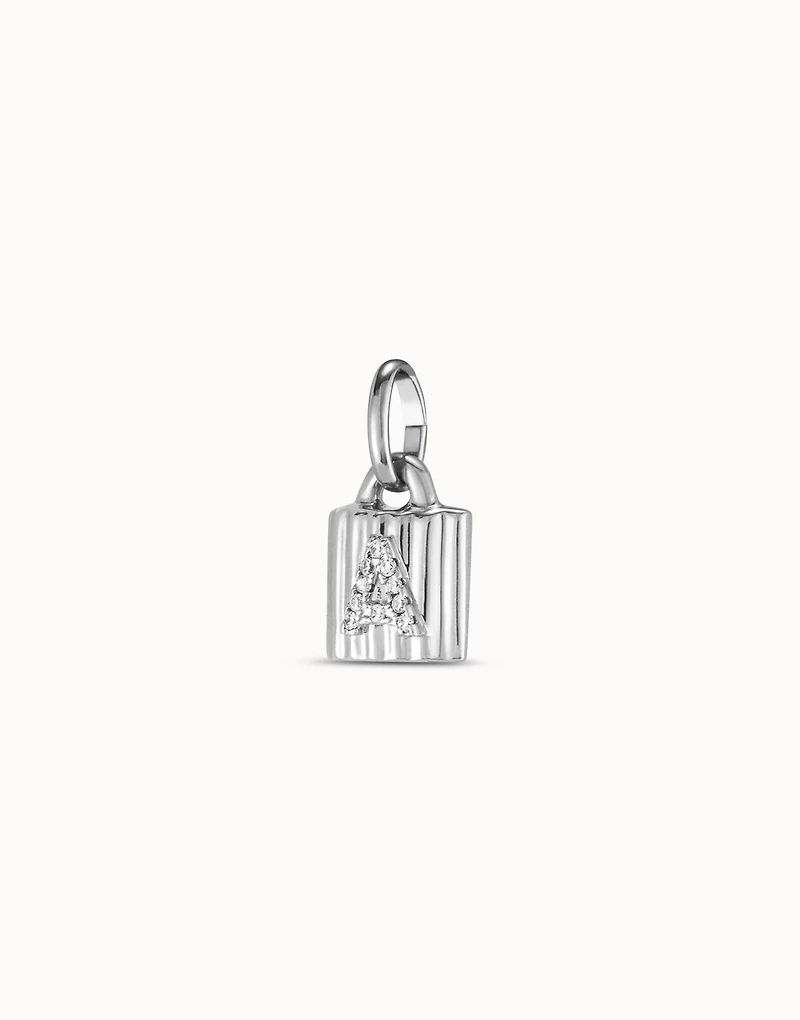 Sterling silver-plated padlock charm with topaz letter A