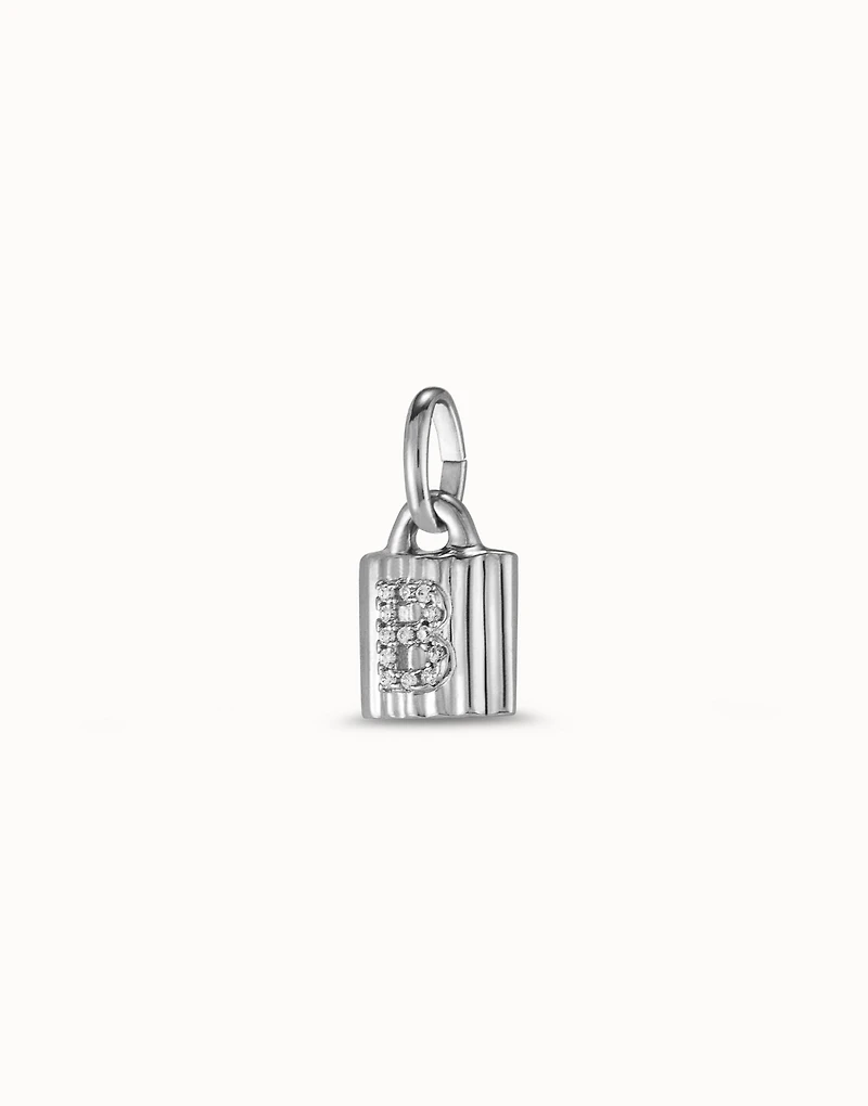 Sterling silver-plated padlock charm with topaz letter B
