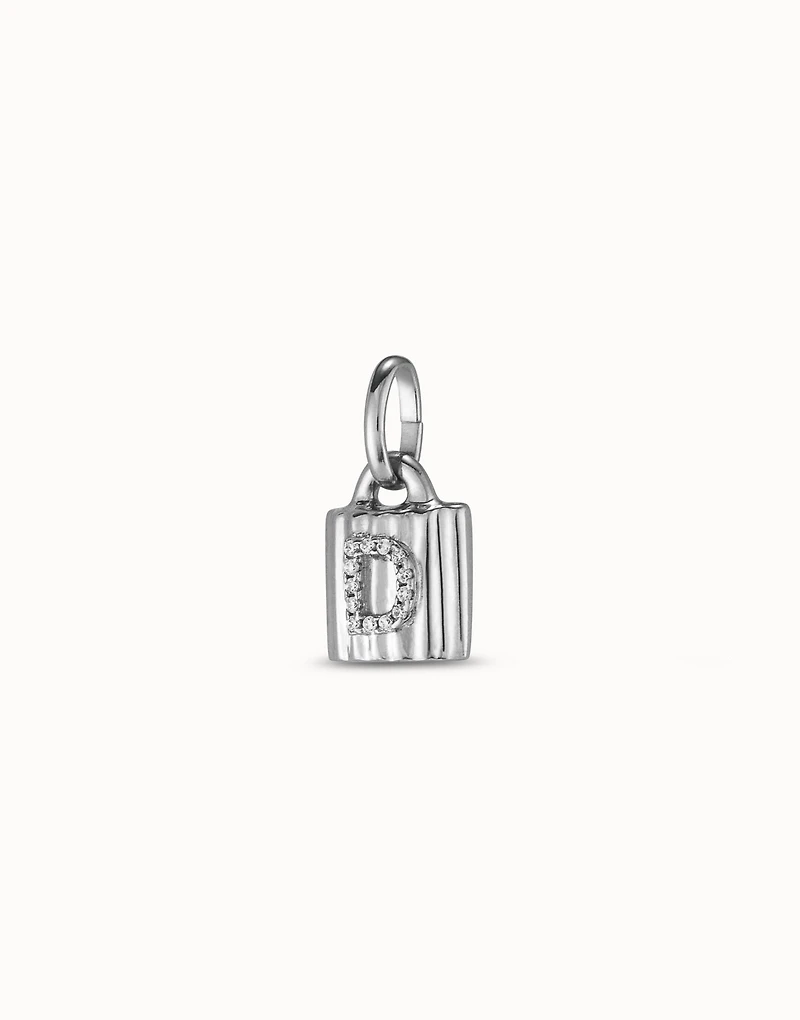 Sterling silver-plated padlock charm with topaz letter D