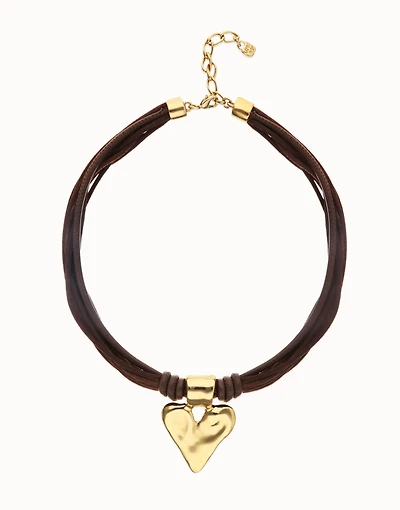 Brown leather and silk thread necklace with heart detail