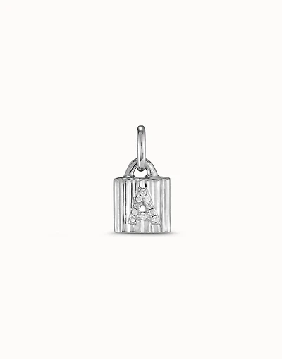 Sterling silver-plated padlock charm with topaz letter A