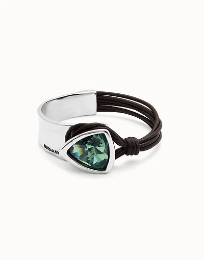 Bangle bracelet with leather and green crystal