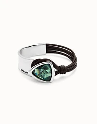 Bangle bracelet with leather and green crystal