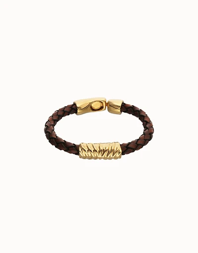 Brown braided leather bracelet with a metal detail