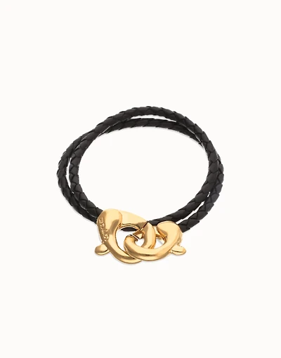 Double black leather bracelet with interlocking carabiner