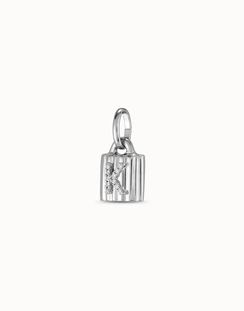 Sterling silver-plated padlock charm with topaz letter K