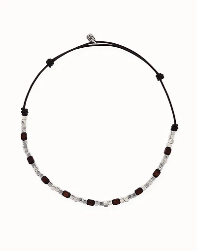 Leather necklace with silver and wooden beads