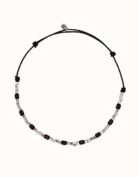 Leather necklace with silver and wooden beads