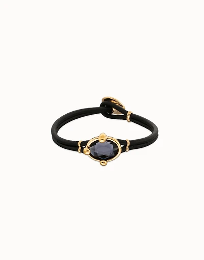 Leather bracelet with faceted black oval crystal