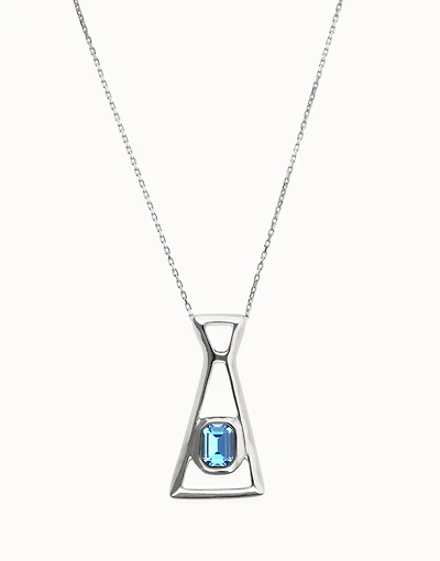 Long necklace with pendant and rectangular blue faceted crystal