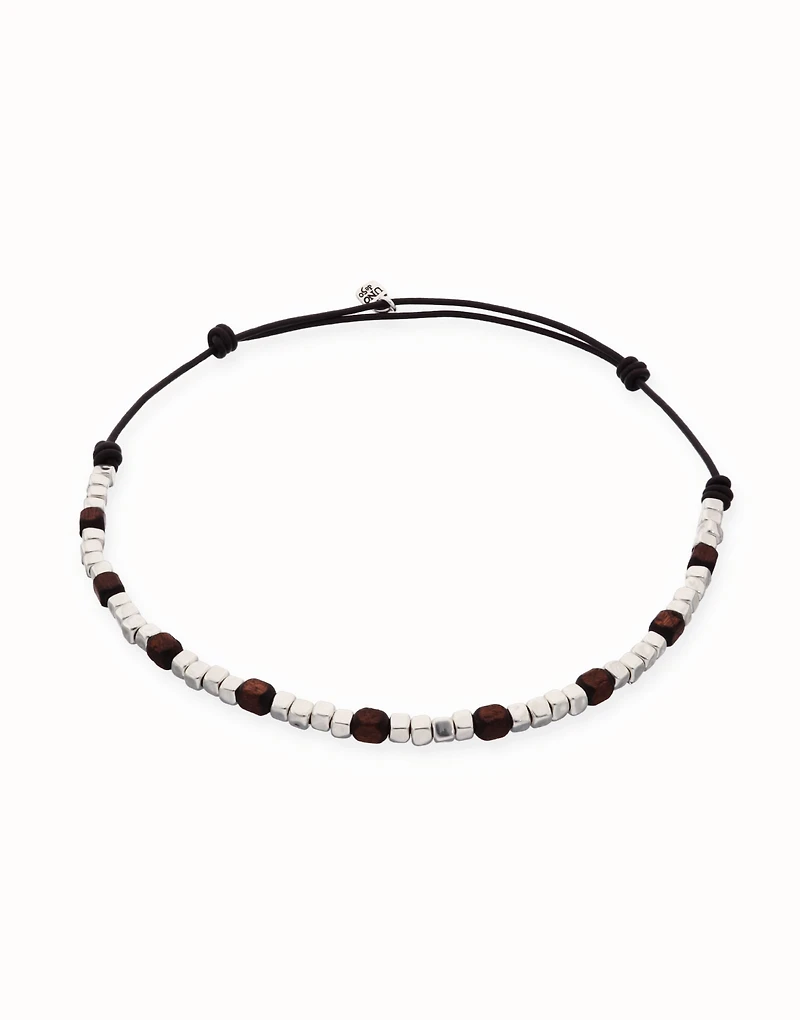 Leather necklace with silver and wooden beads