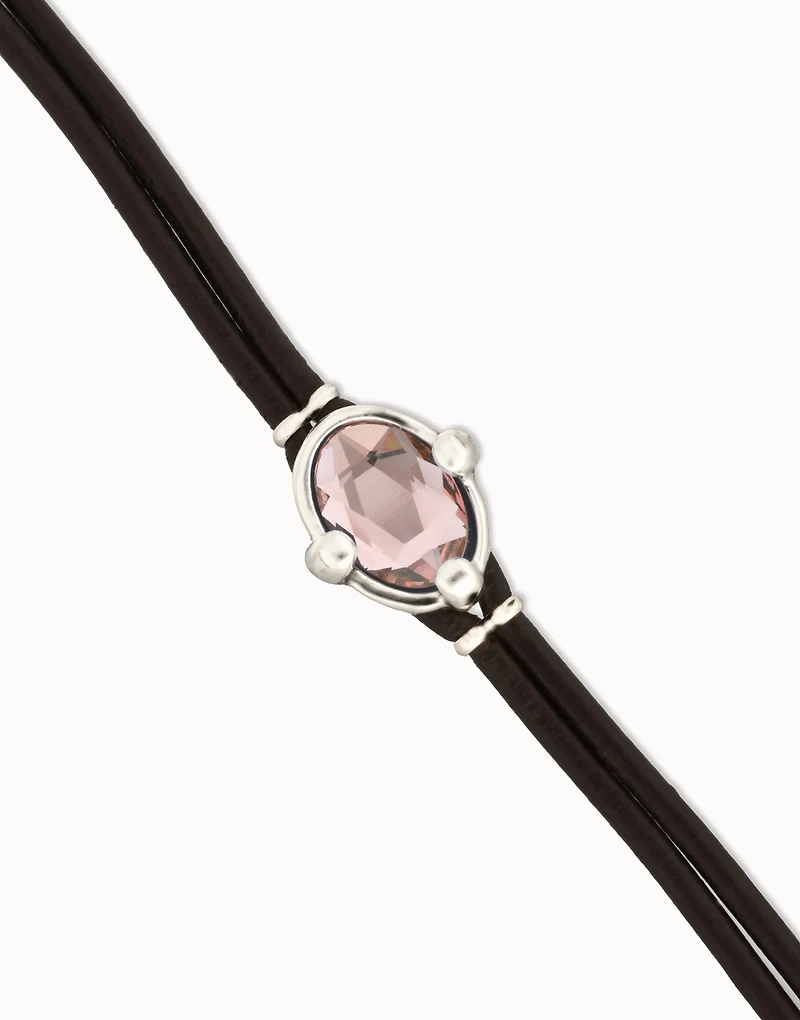 Leather bracelet with pink oval faceted crystal