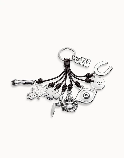 Leather key-ring and sterling silver-plated charms
