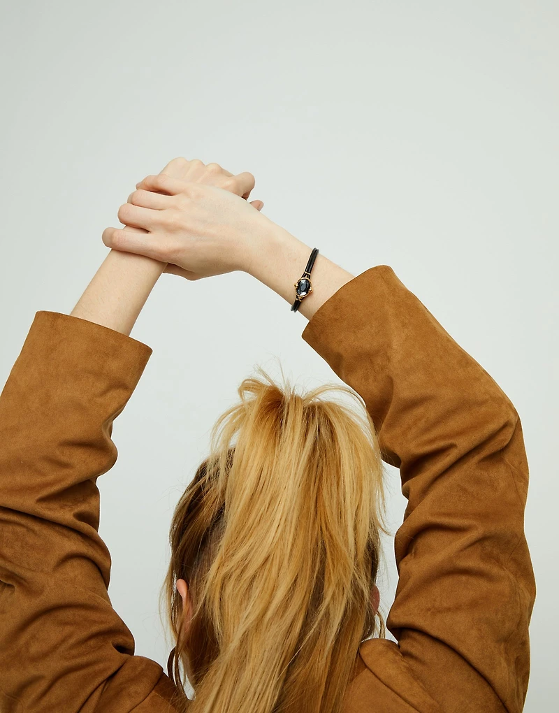 Leather bracelet with faceted black oval crystal