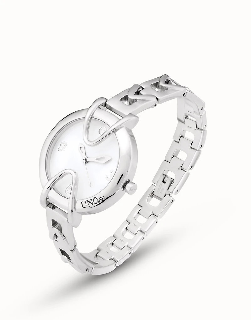 Sterling silver-plated watch with metal strap and round white dial