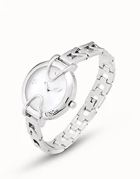 Sterling silver-plated watch with metal strap and round white dial