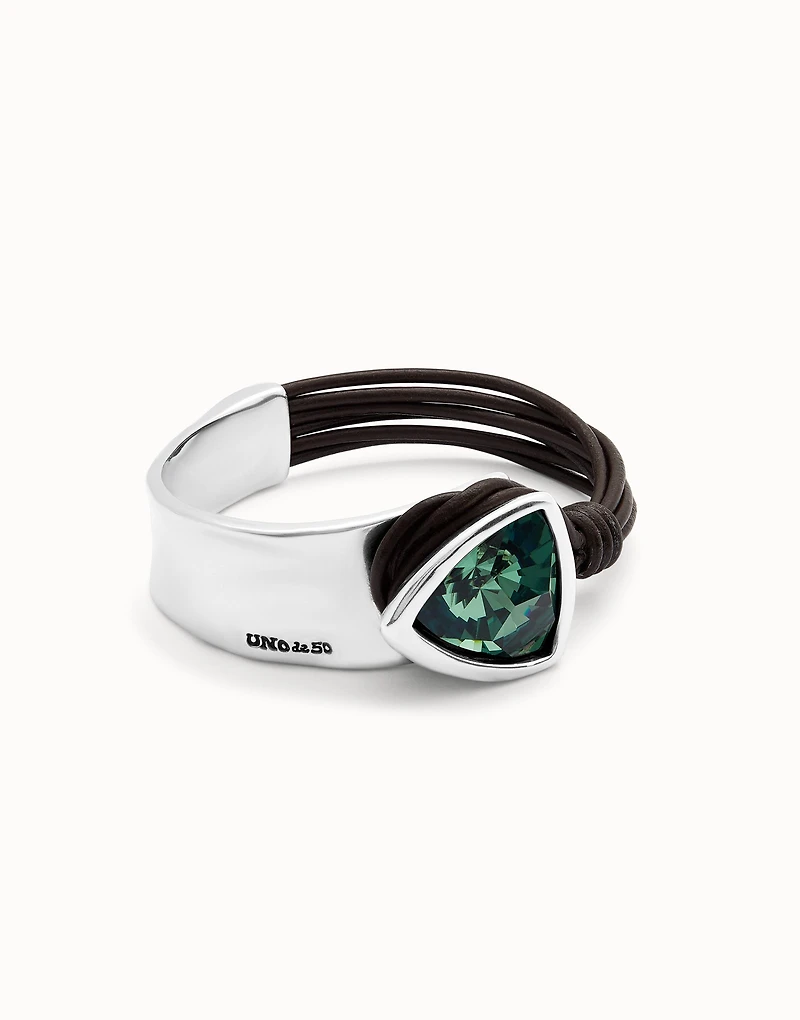Bangle bracelet with leather and green crystal