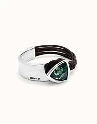 Bangle bracelet with leather and green crystal