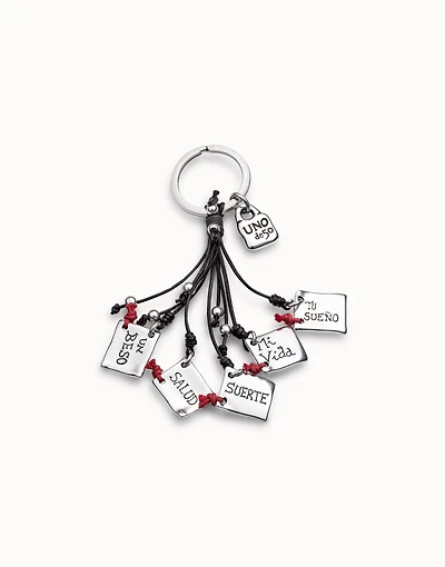 Sterling silver-plated message key-ring with leather details