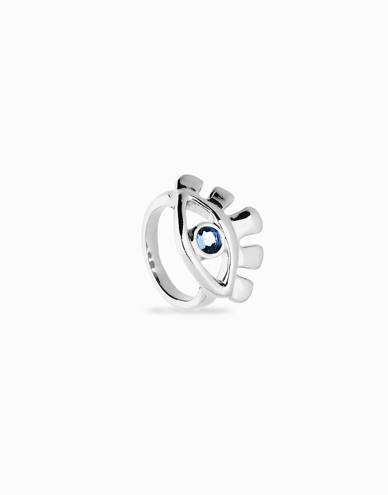 Eye-shaped ring with faceted blue crystal