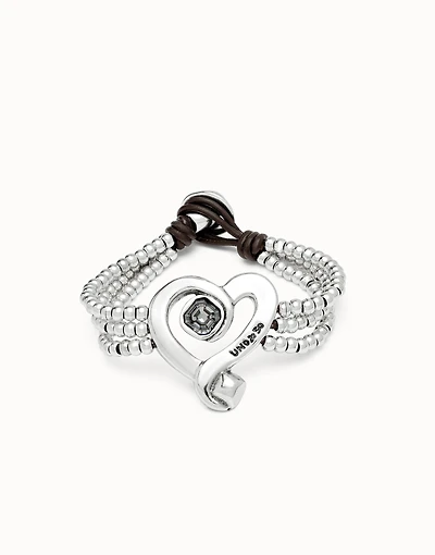 Multi strand leather beaded bracelet with a heart