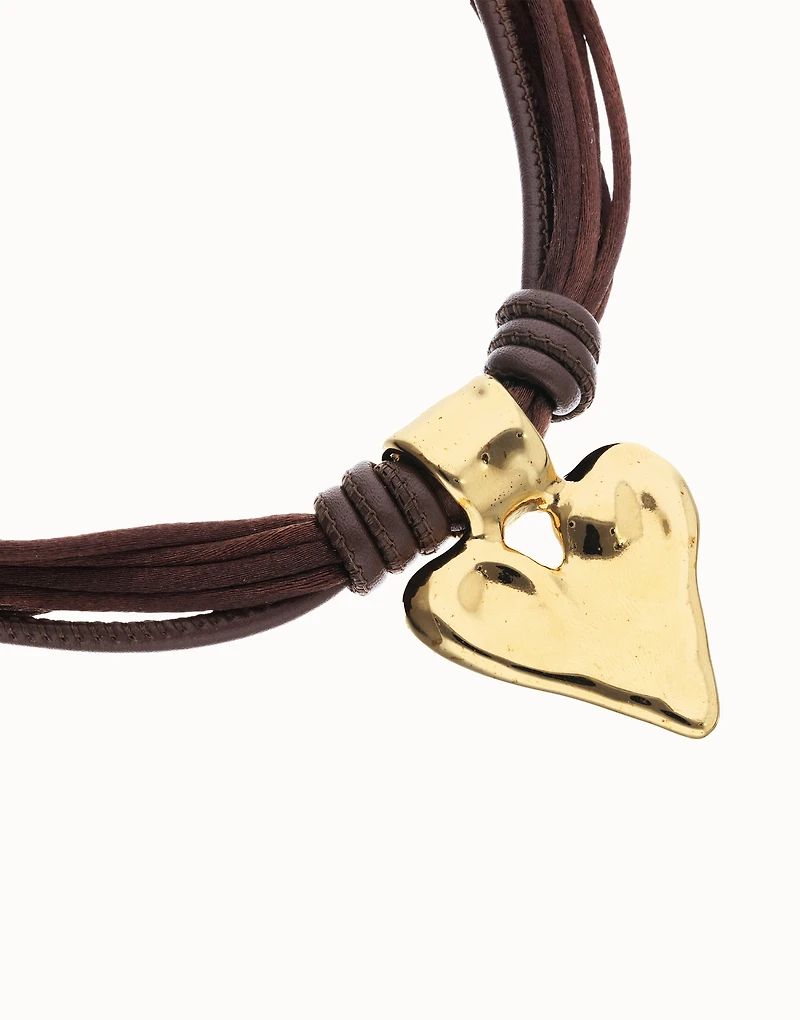 Brown leather and silk thread necklace with heart detail