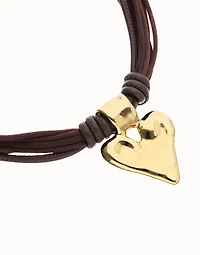 Brown leather and silk thread necklace with heart detail
