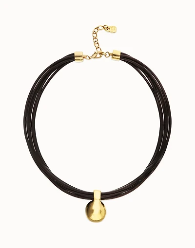 Multistrand short leather necklace with large sphere