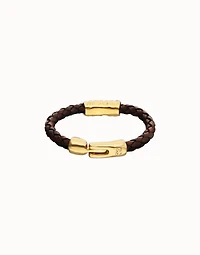 Brown braided leather bracelet with a metal detail