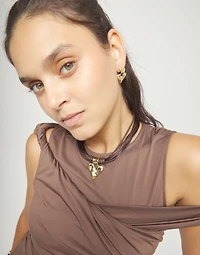 Brown leather and silk thread necklace with heart detail