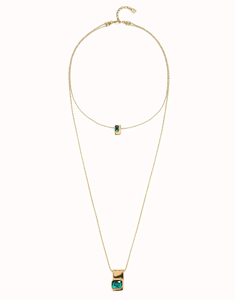 Double strand chain necklace with green crystals