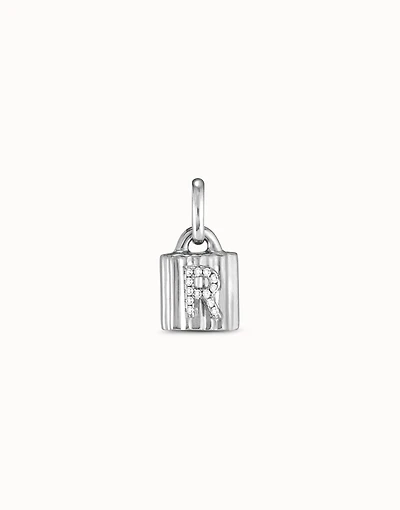 Sterling silver-plated padlock charm with topaz letter R