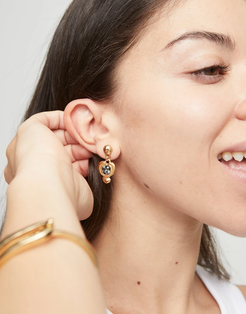 Drop earrings with a heart and black crystal
