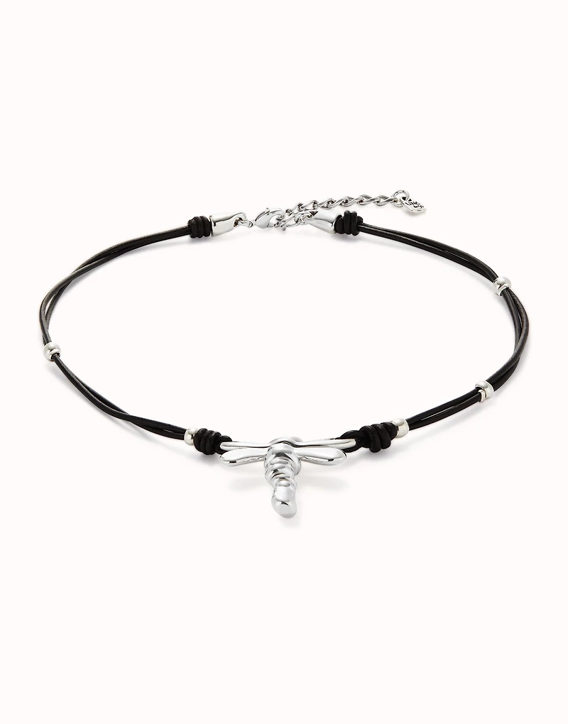 Leather pendant necklace with dragonfly