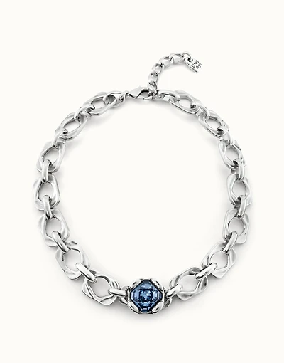 Short link chain necklace with large blue crystal
