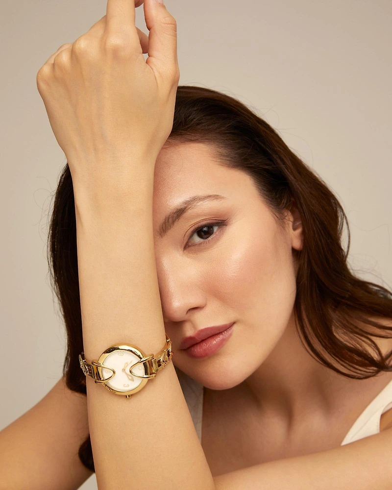 18K gold-plated watch with metal strap and round white dial